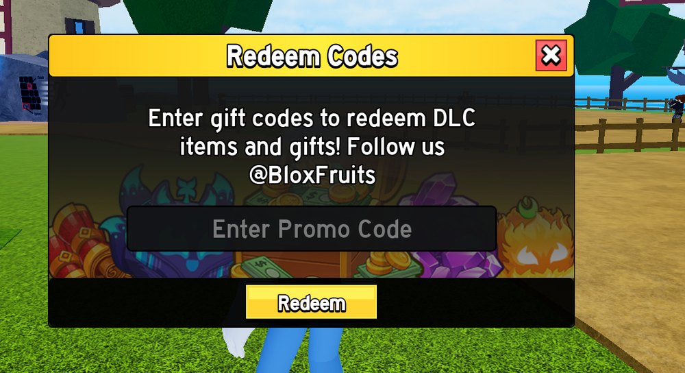 Окно Redeem Codes в Блокс Фрутс: поле для промокода и кнопка Redeem